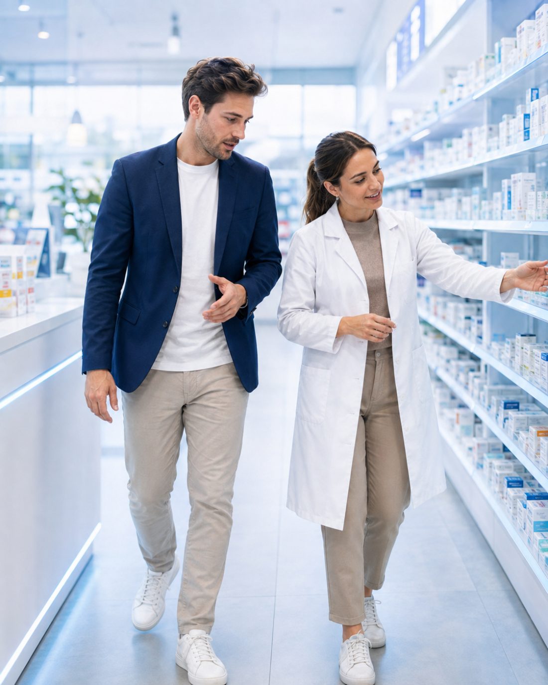 Un expert Pharmagency observe le rayon avec la pharmacienne