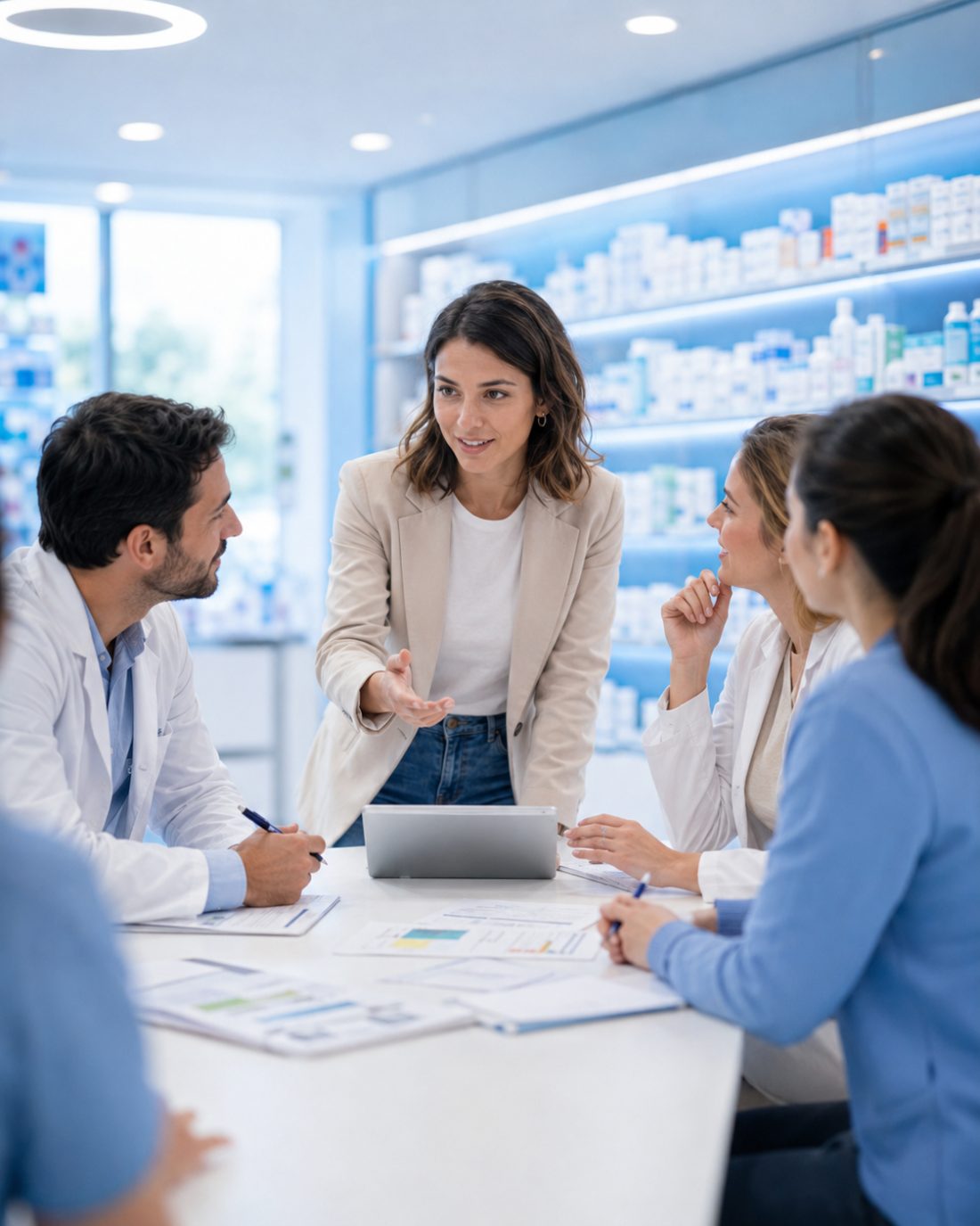 Experte Pharmagency animant une réunion avec l’équipe d’une officine