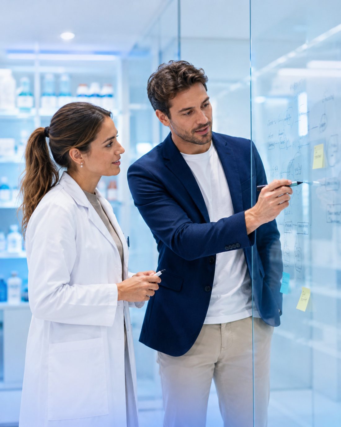 Expert et pharmacienne construisent le plan d’action au tableau